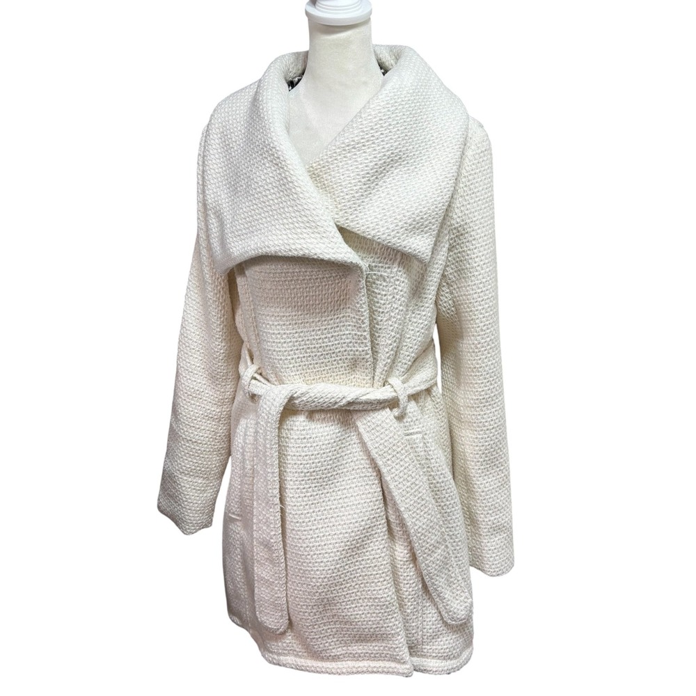 Madden Girl Cream Textured Knit Wrap Coat Shawl Collar Ivory